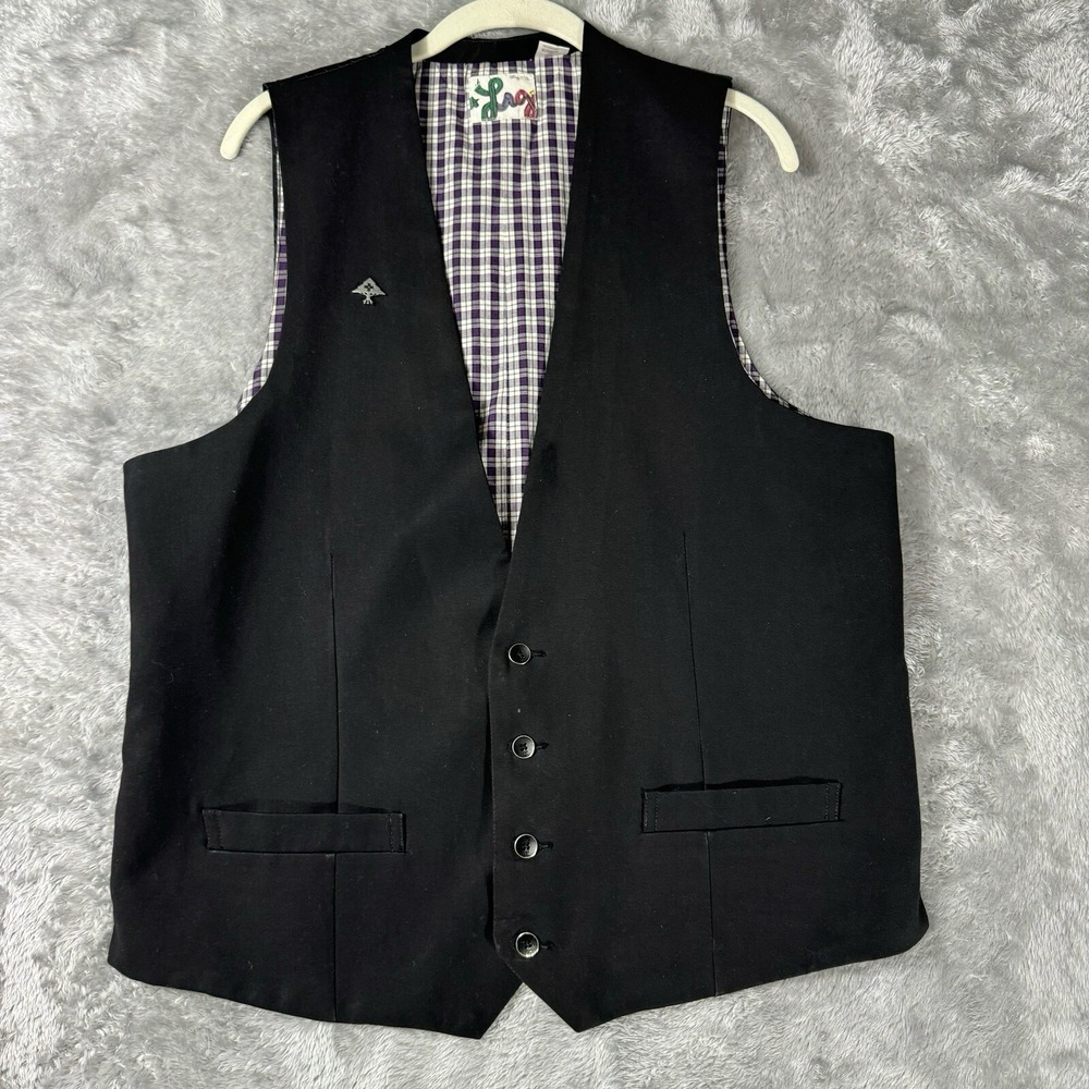LRG Lifted Research Group Mens Black Suit Vest Waistcoat Plaid Lined Formal XL